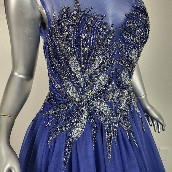 NWT~$625~FLAIR~6~BLUE BEADED EMBELLISHED FIT & FLARE PROM BALL GOWN MAXI DRESS - Picture 3 of 16